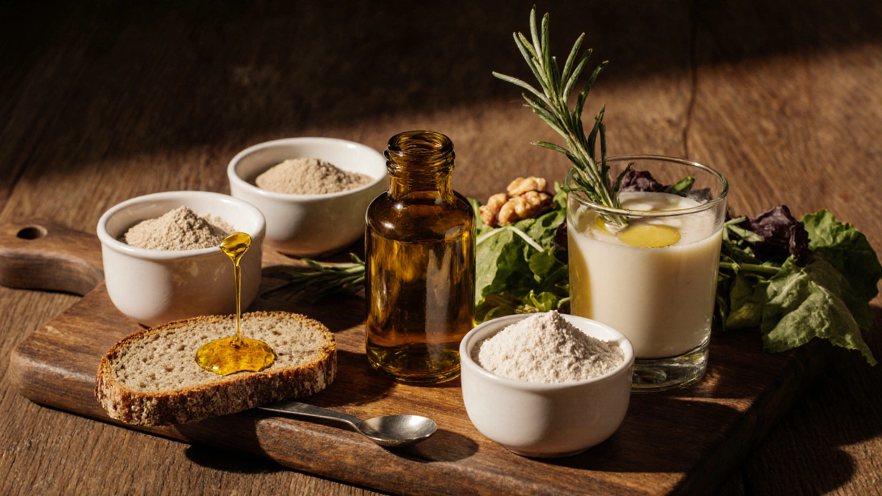 Fotografie alternativních potravin místo konopí: lněný olej, rýžový protein, jogurt s vlašskými ořechy, rozmarýnový olej, hráškový protein.