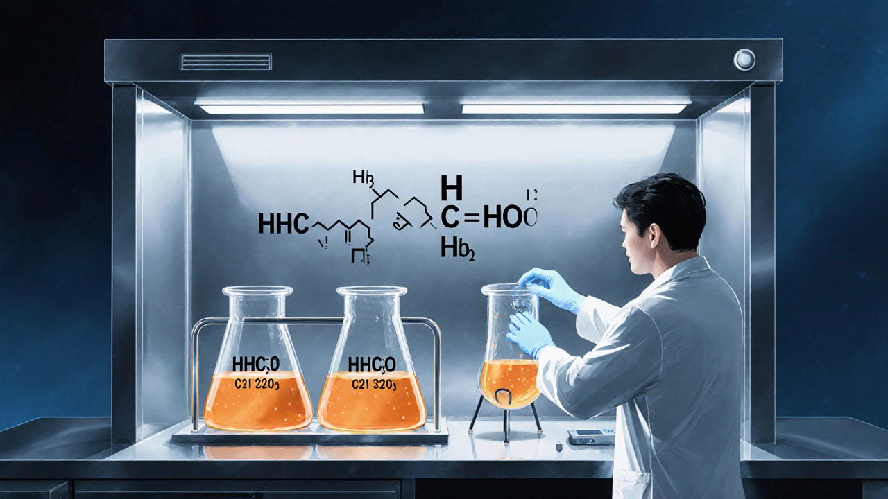 Ilustrace laboratoře, kde chemik syntetizuje HHC‑O za použití oxidace.