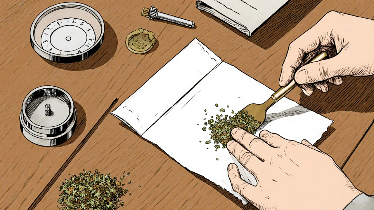 Ručně rozdrtený shatter smíchaný s suchým konopím a rolovaný joint.