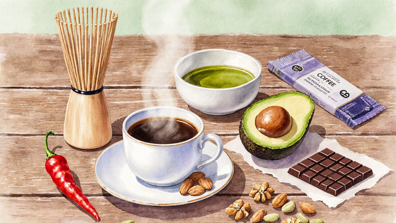 Sedm vybraných potravin (káva, matcha, čokoláda, chilli, avokádo, ořechy, CBD snack) na dřevěném stole.