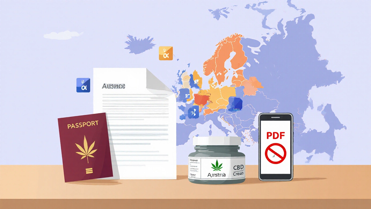 Stůl s originálním obalem CBD krému, certifikátem a cestovními dokumenty, vedle mapy EU.