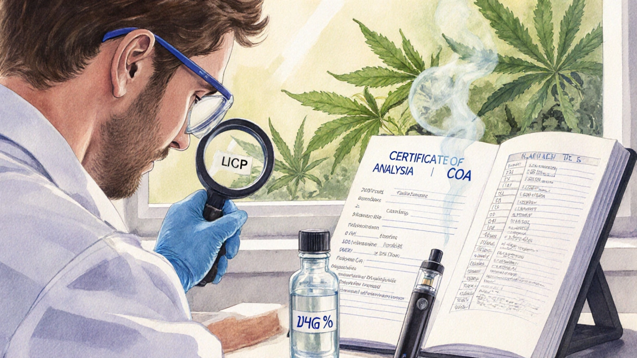 Vědec kontroluje vzorek THCP a certifikát analýzy vedle delta‑8 vape.