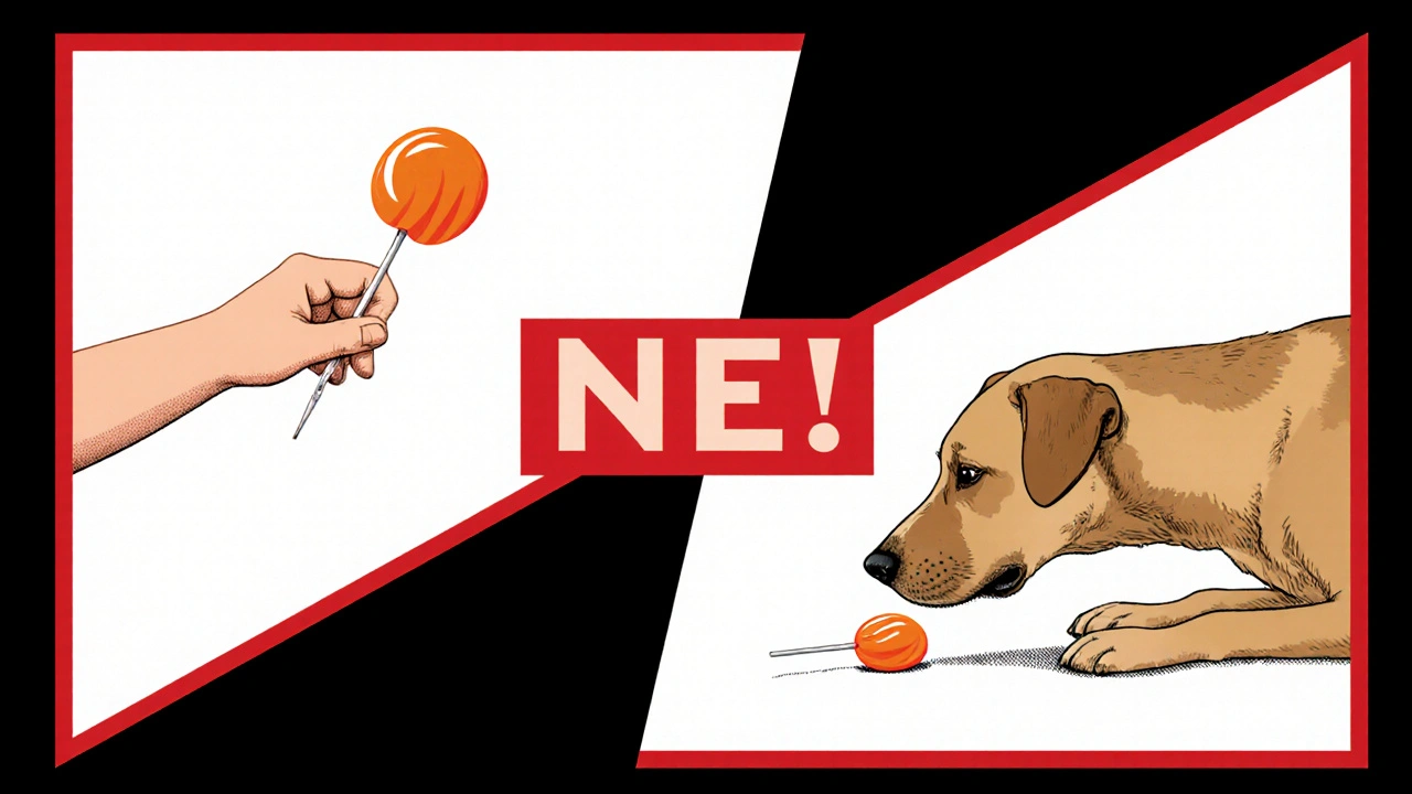 Dítě a pes se blíží k lollypopu, s varovným znakem NE.