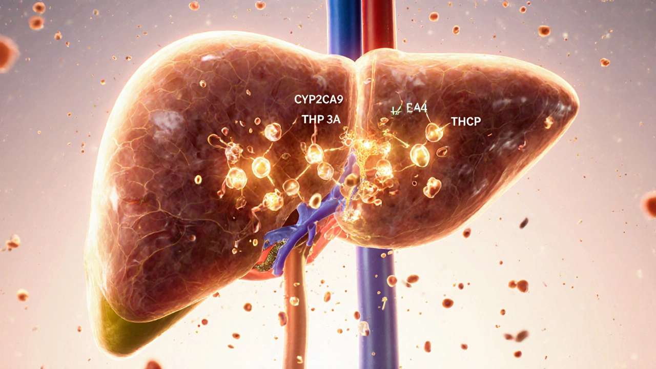 Játra metabolizující THCP na aktivní a neaktivní metabolity