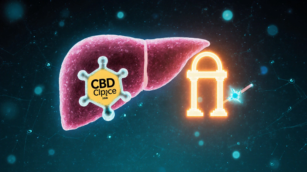 Molekulární interakce CBD a sildenafilu v játrech, znázorněná jako souboj o enzym.