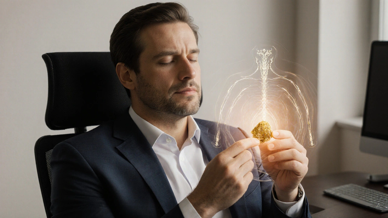 Osoba v klidu drží kousek CBD hashu, symbolizující klid a rovnováhu bez psychoaktivních účinků.