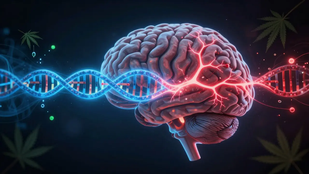 Lidský mozek s osvětlenými nervovými cestami propojenými s DNA, kde jedna větev vyzařuje klid, druhá chaos.