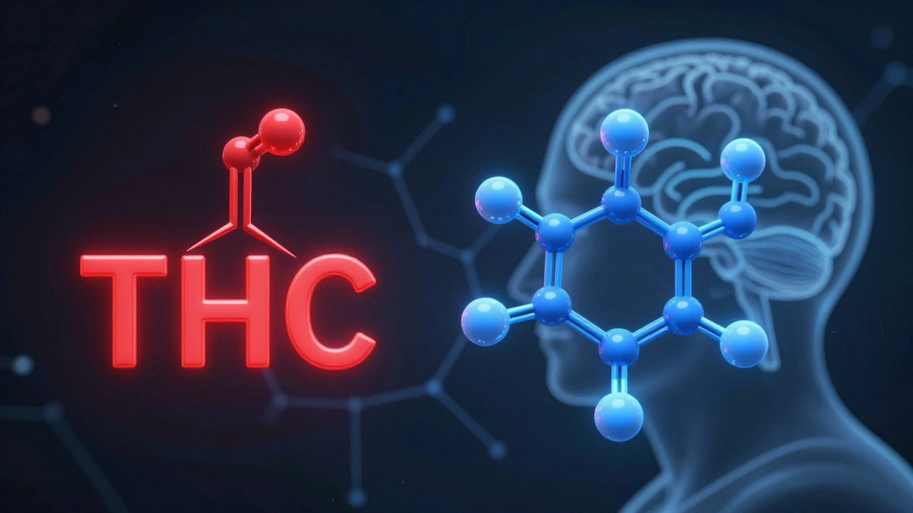 Molekulární struktury THC a HHC vedle sebe s propojením k mozkovému siluetě.