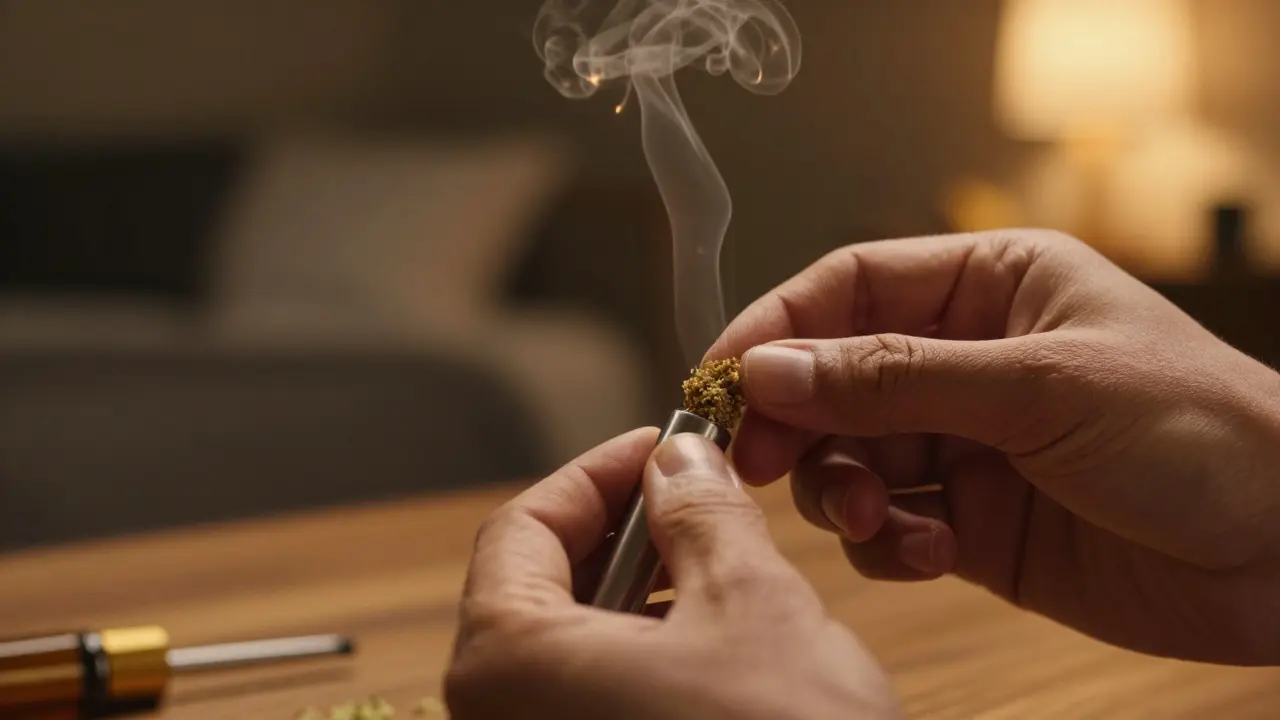 Ruce jemně zpracovávají CBD hash do pipe, vzniká jemná výparová mlha.