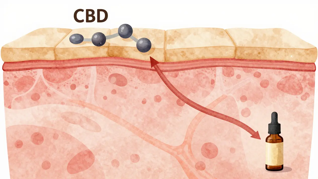 Schematic znázorňující CBD molekuly v horních vrstvách kůže bez vstřebávání do krve.