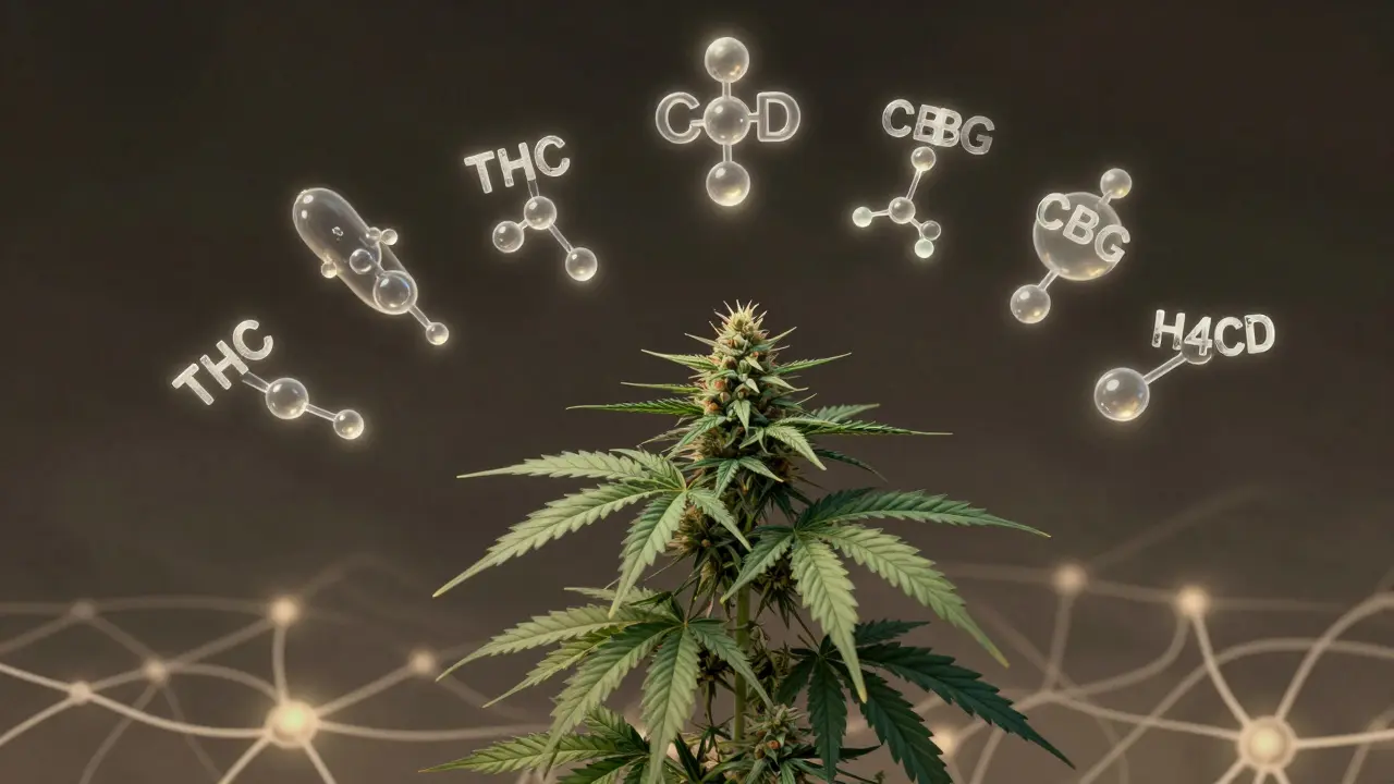 Konopná rostlina uvolňující šest molekulárních struktur, každá reprezentující jiný kannabinoid.