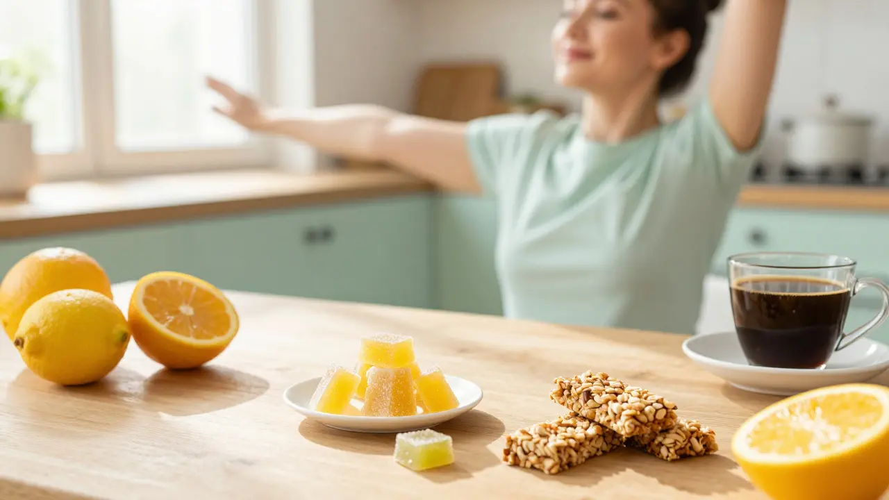 Ranní kuchyně s citronovými bonbony z konopí, slunce a granola na stole.