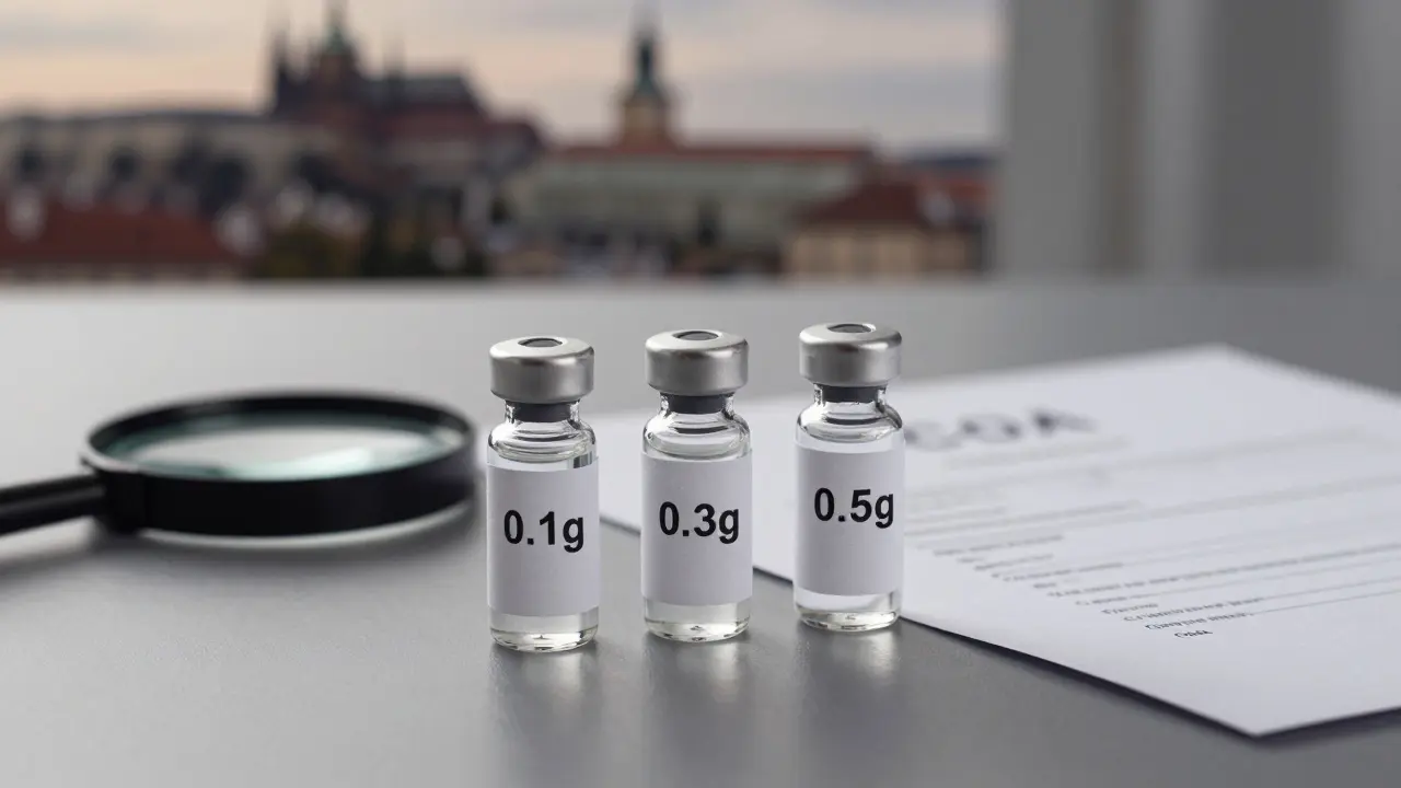 Tři odměřené dávky CBD hashu s analytickým listem.