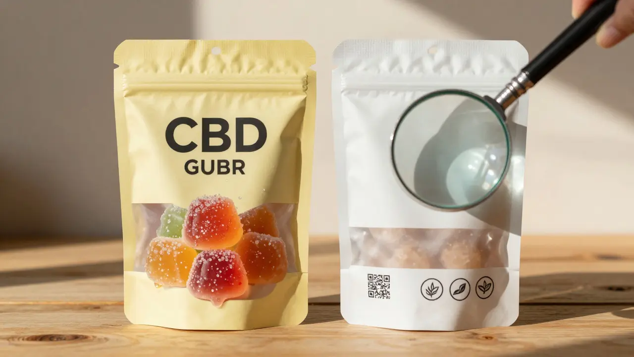 Dva balíčky CBD gumiček vedle sebe: jeden s umělými příchutěmi, druhý přírodní s QR kódem na přírodním pozadí.