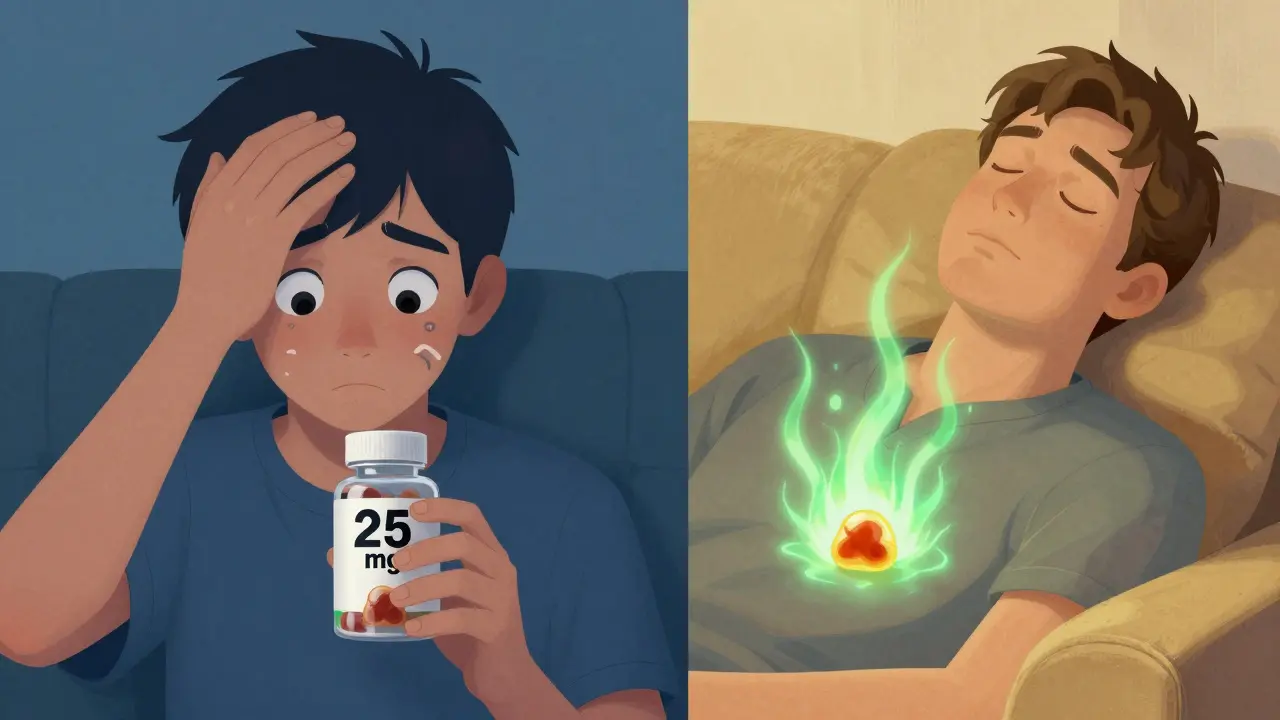 Dva lidé: jeden cítí závratě po 25 mg CBD, druhý je klidně relaxovaný s tím samým množstvím.