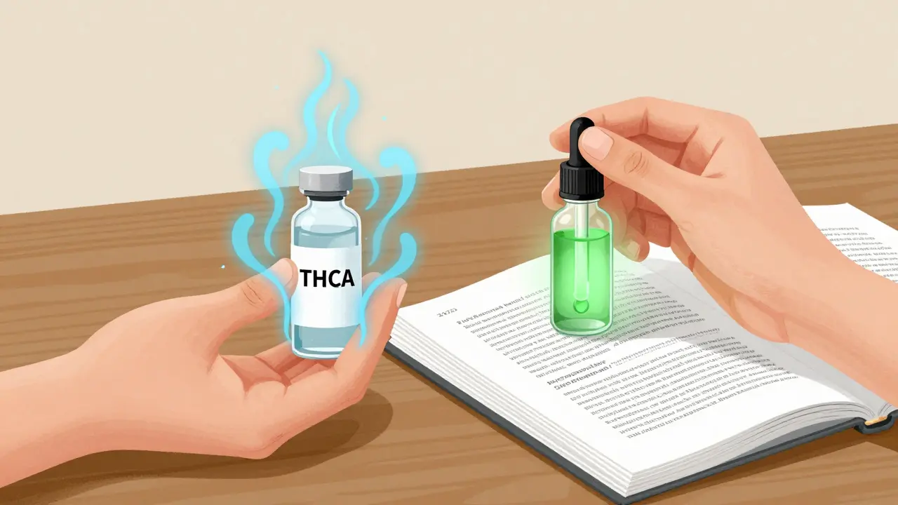 Dvě ruce drží THCA a CBD — jedna vysílá modrou energii proti zánětu, druhá zelenou pro úlevu od úzkosti.