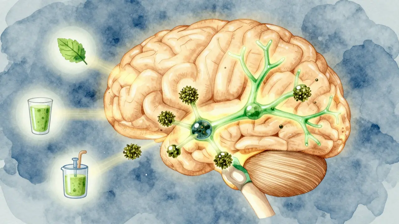 Lidský mozek s neurologickými cestami, kde se THCA přeměňuje na THC při překonání tepelné překážky, symbolizující léčivý potenciál.
