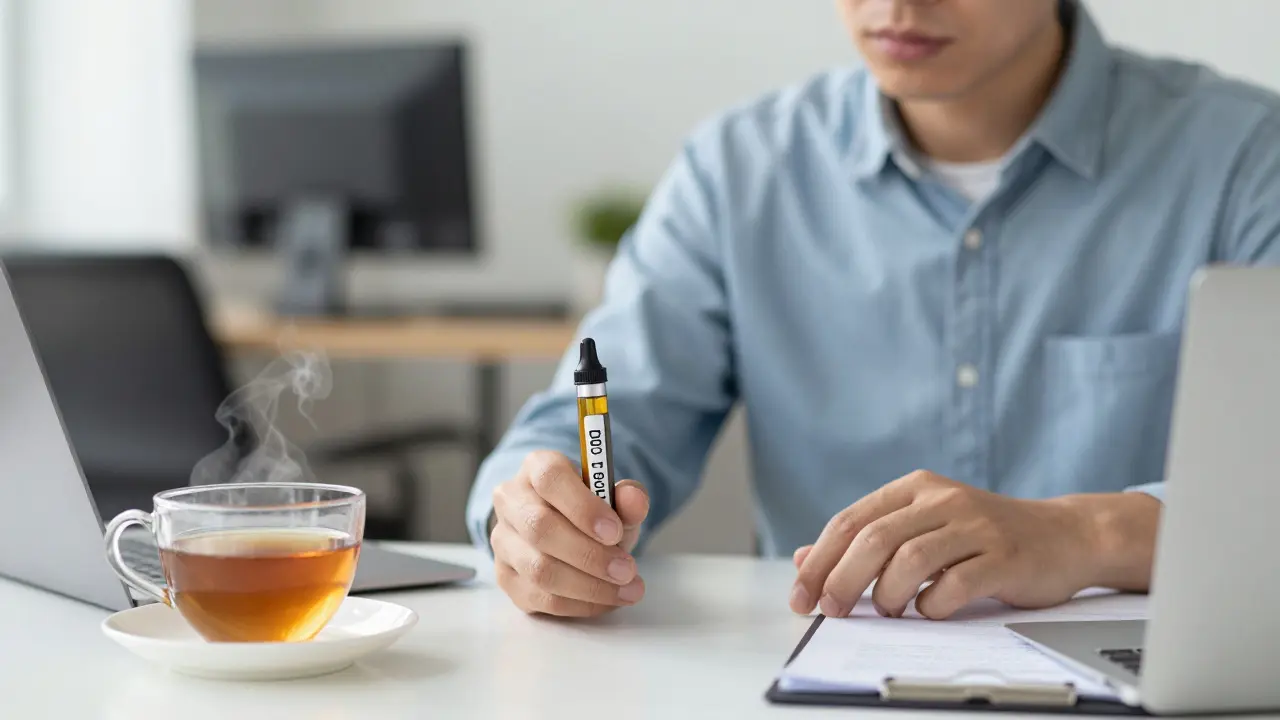 Osoba používá CBD vape s koncentrací 500 mg při práci v moderním kancelářském prostředí.