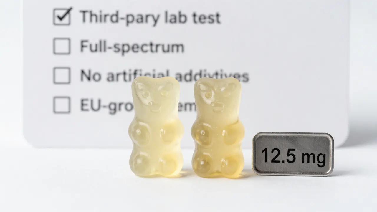 Přesně rozdělená CBD gumička na polovinu s 12,5 mg na každé straně a kontrolními znaky kvality za ní.