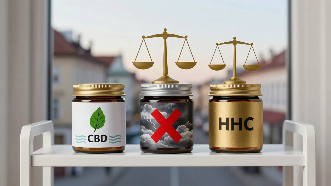 Regálek s třemi látkami z konopí — CBD, THC a HHC — symbolicky znázorněnými pro porovnání vlivu na spánek.