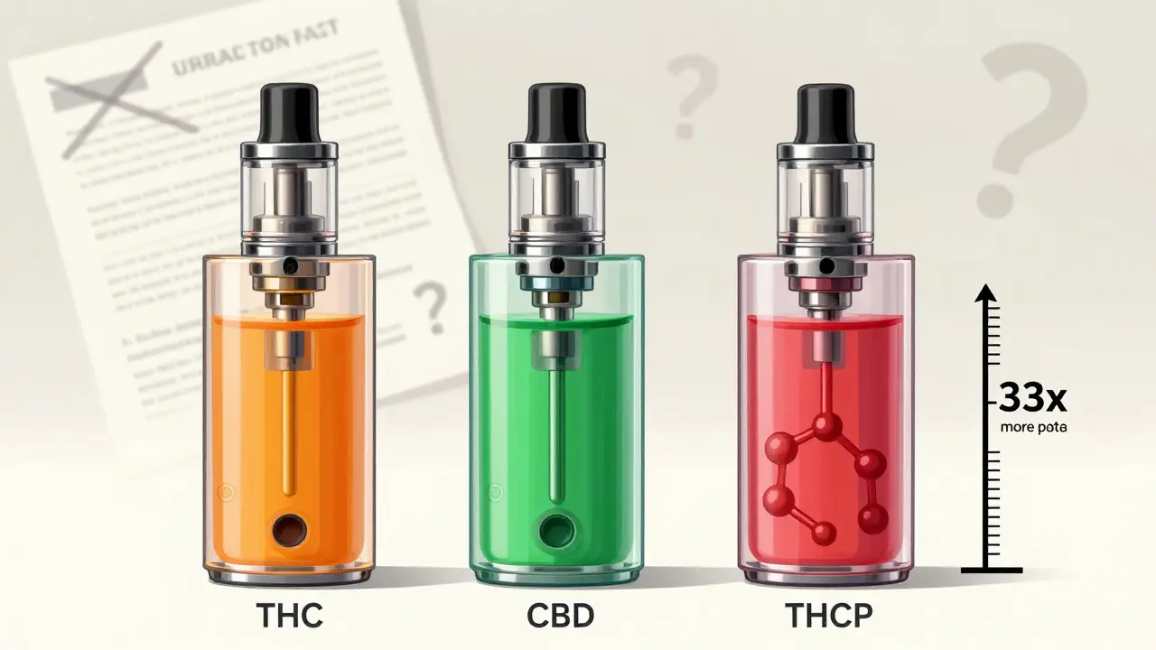 Tři transparentní přístroje s porovnáním složení THC, CBD a THCP s molekulárními řetězci.