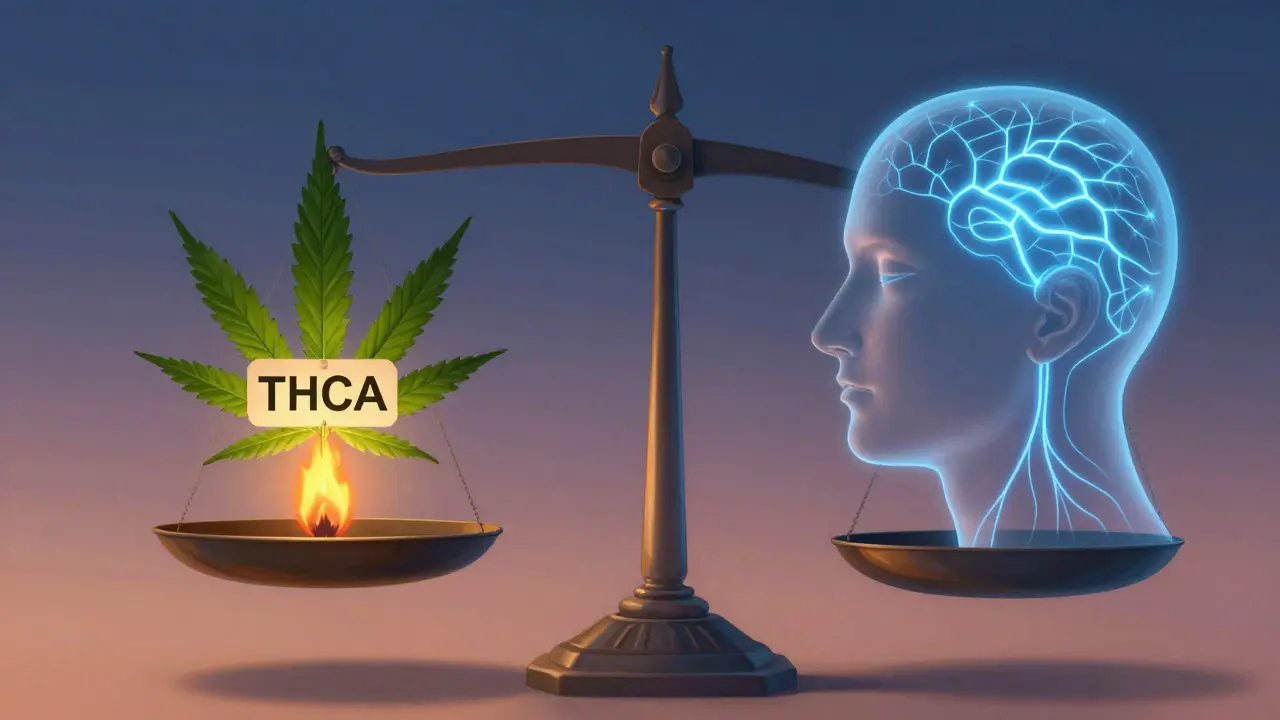 Váha s THCA a CBD: jedna strana s plamenem, druhá s klidným mozgovým vzorem — symbolické porovnání účinků.