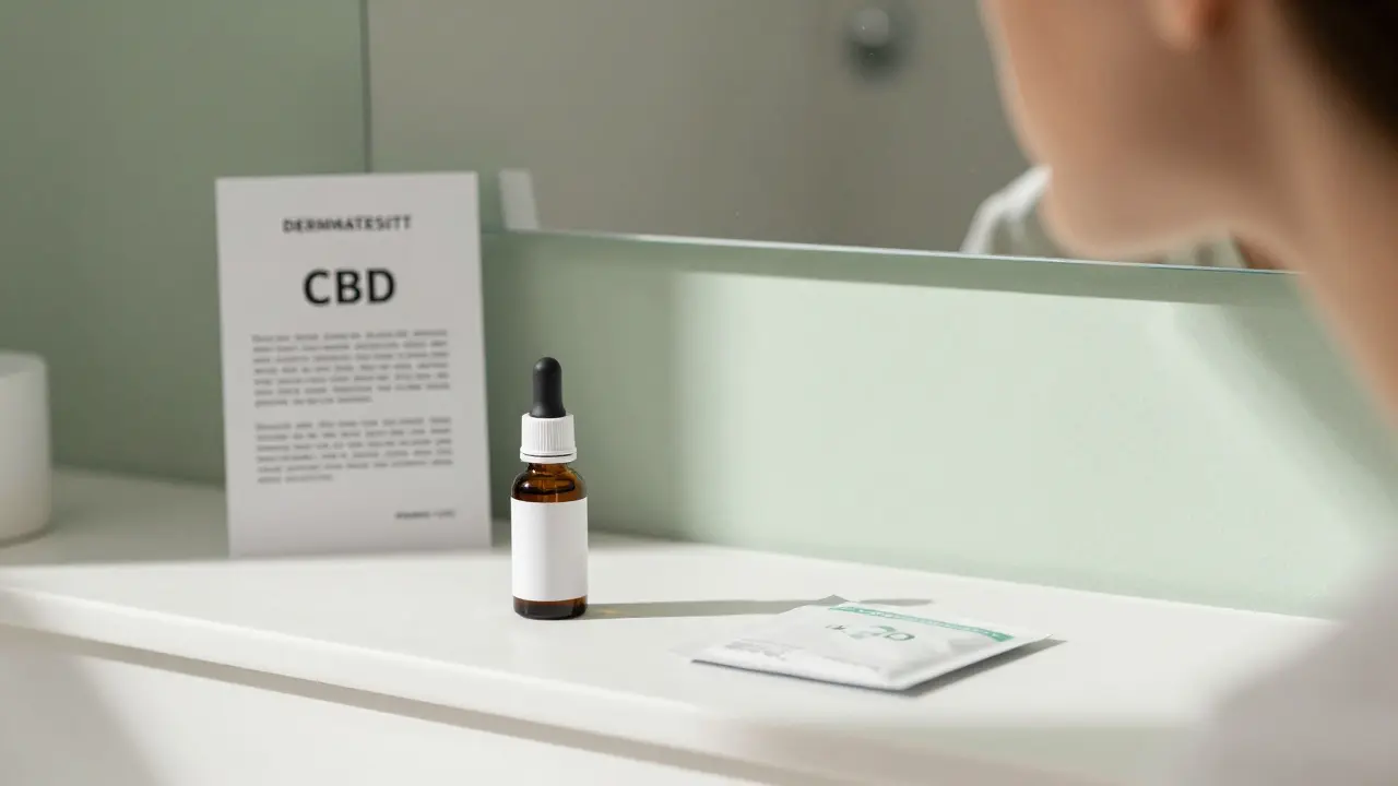 Koupelna s láhví CBD oleje, testovacím kitou a poznámkou od dermatologa, zrcadlo odrazuje tvář s malým obvazem na čelisti.