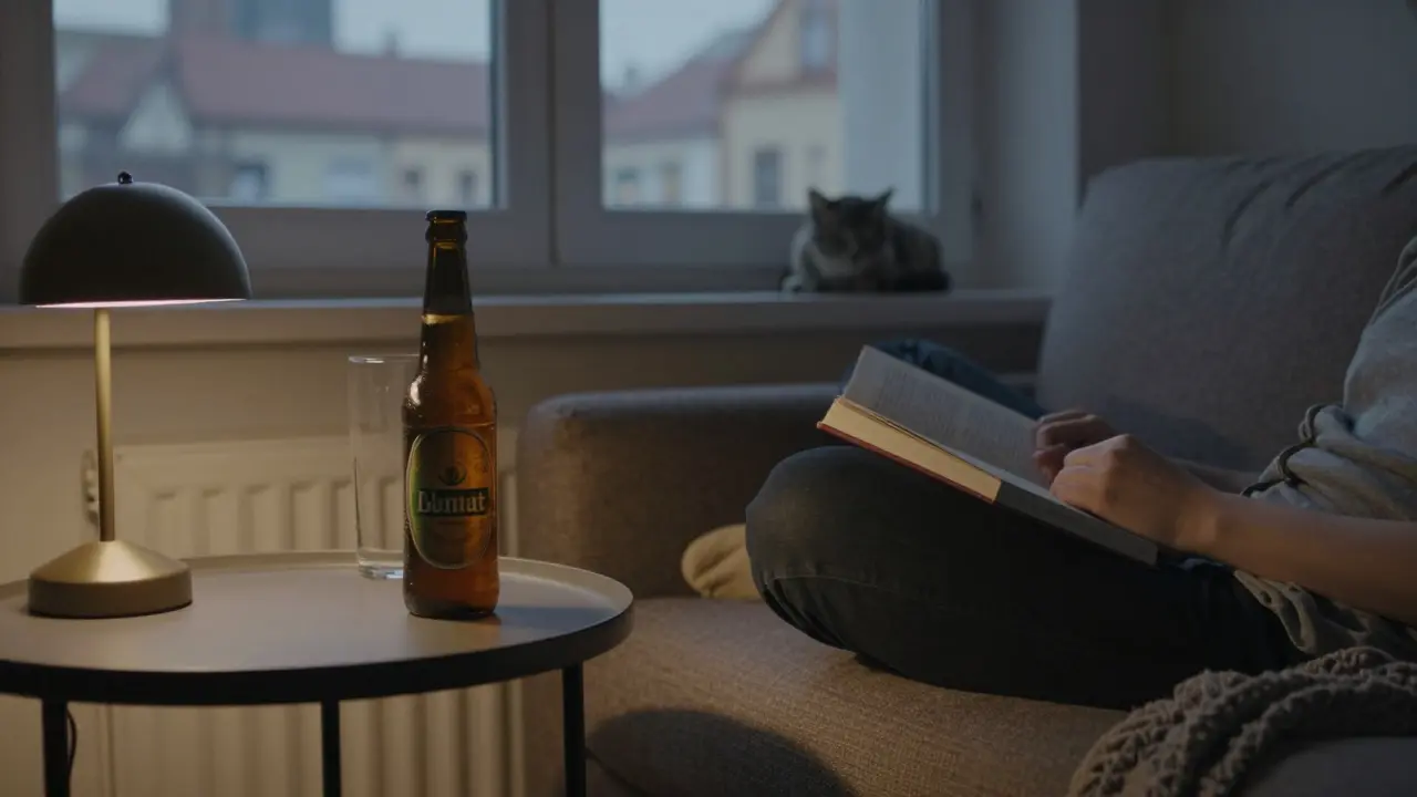 Osoba si klidně pije konopné pivo večer doma, bez alkoholického zážitku