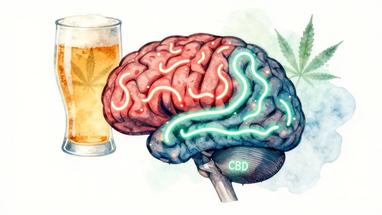 Silueta lidského mozku s dvěma různými cestami účinků alkoholu a CBD