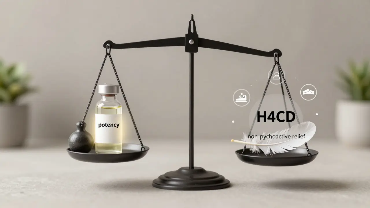Váha ukazuje delta-9-THC jako těžký účinek a H4CBD jako lehkou úlevu bez vysokého.