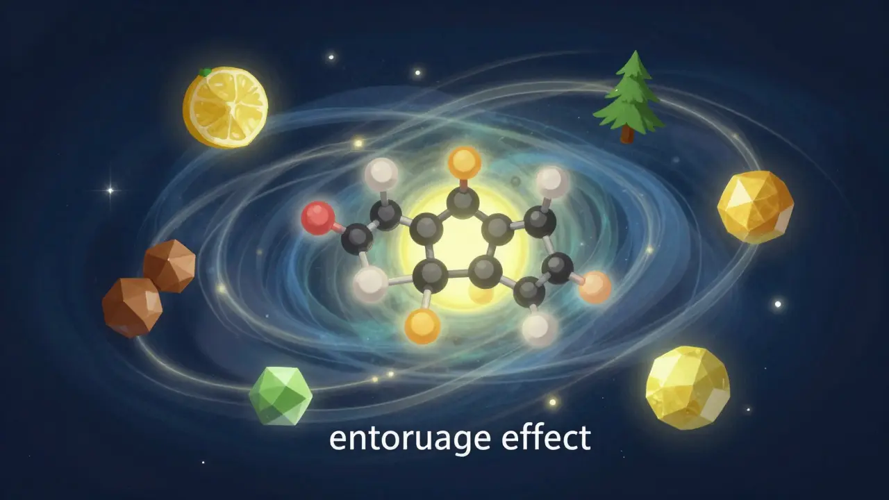 Koncepční ilustrace entourage efektu s CBD a terpeny.