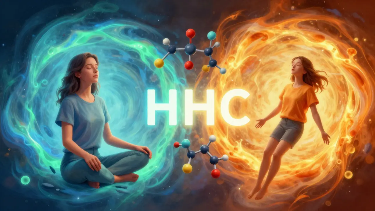 Konceptuální ilustrace znázornující klid CBD a euforii HHC.