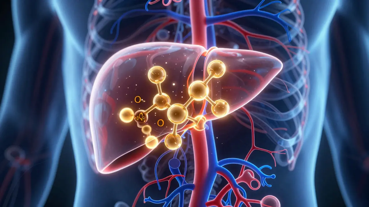 Konceptuální znázornění metabolismu HHC-O v játrech a krevním oběhu.