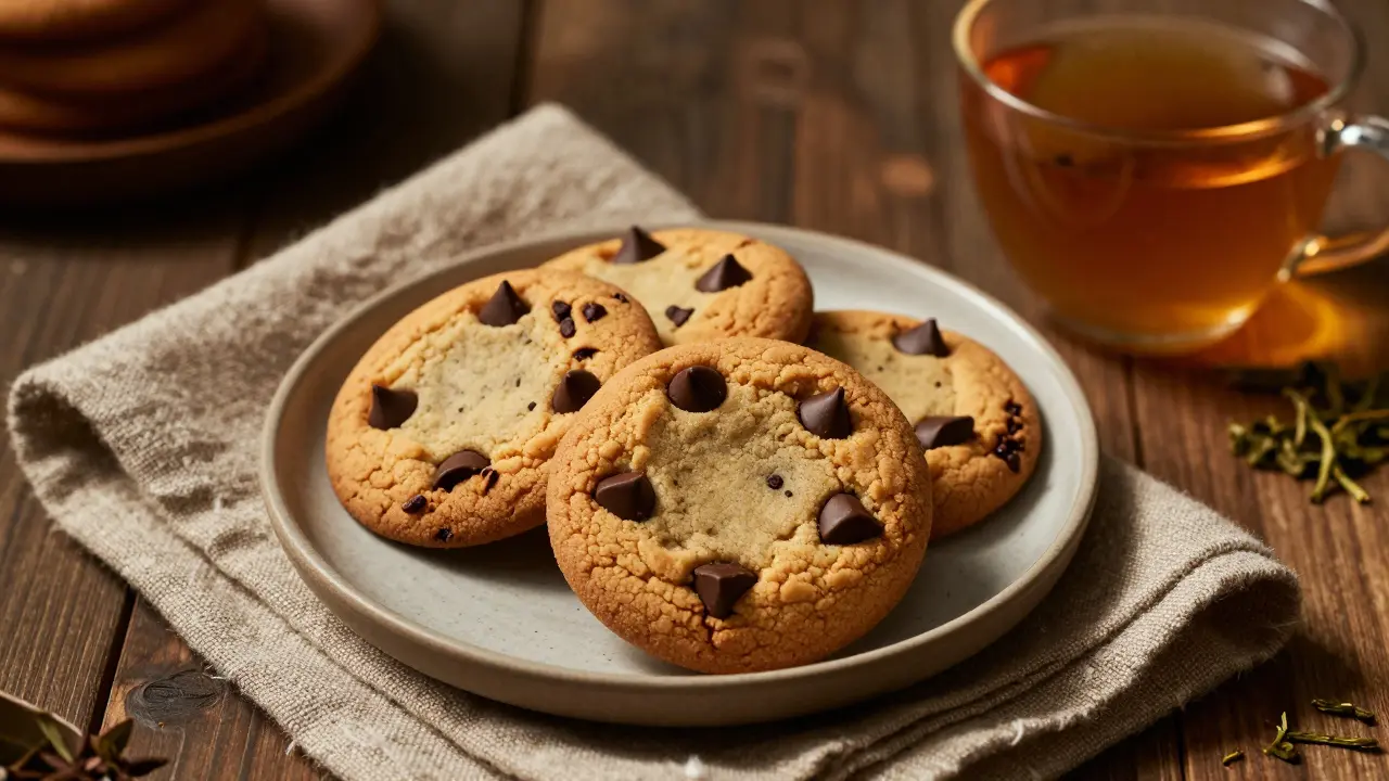 Talíř s HHC cookies a šálek čaje v útulné domácí atmosféře.