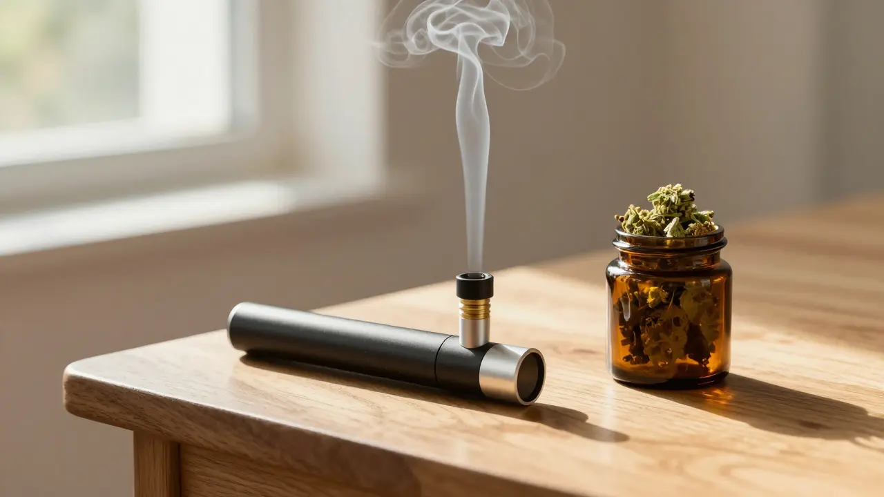 Vaporizér a sklenice s CBD květovím v ranním světle.