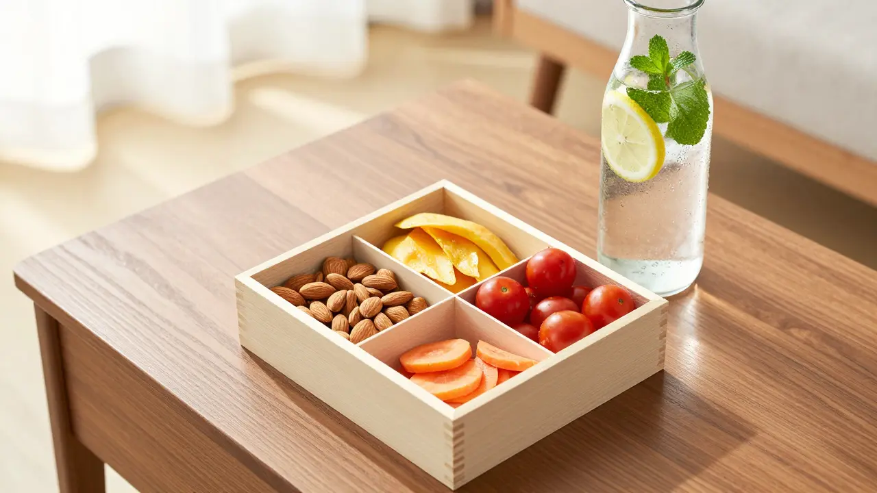 zdravý Munchie Box s ořechy, ovocem a zeleninou vedle lahve vody