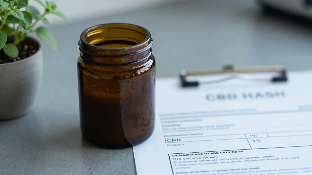 CBD hash ve skleněné nádobě vedle laboratorního certifikátu
