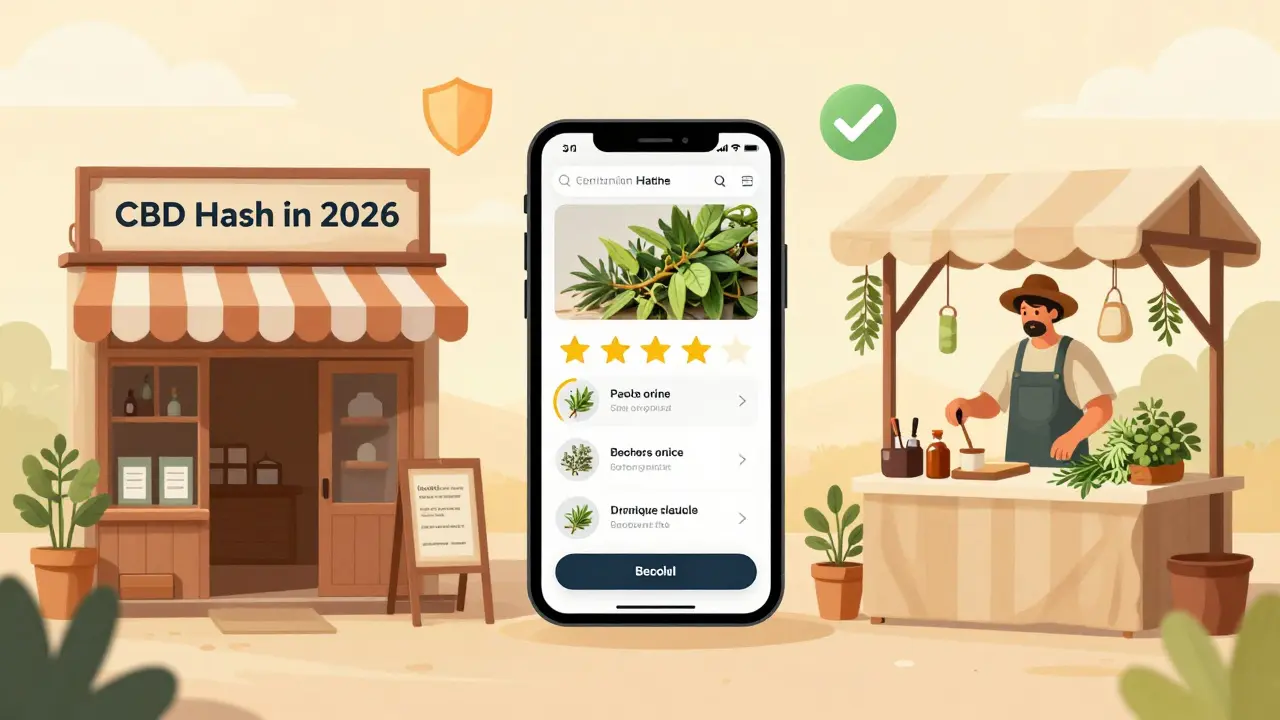 Ilustrace tří způsobů nákupu CBD: obchod, web, trh