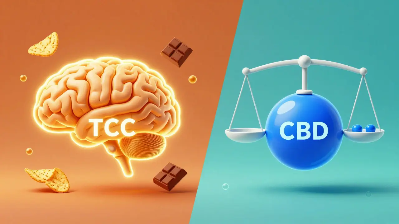 Konceptuální ilustrace účinků THC a CBD na metabolismus