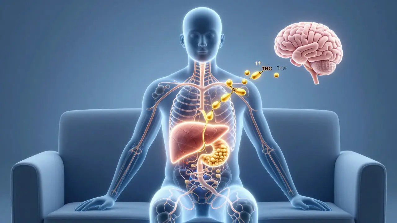 Konceptuální ilustrace metabolismu THC v játrech a cestě do mozku