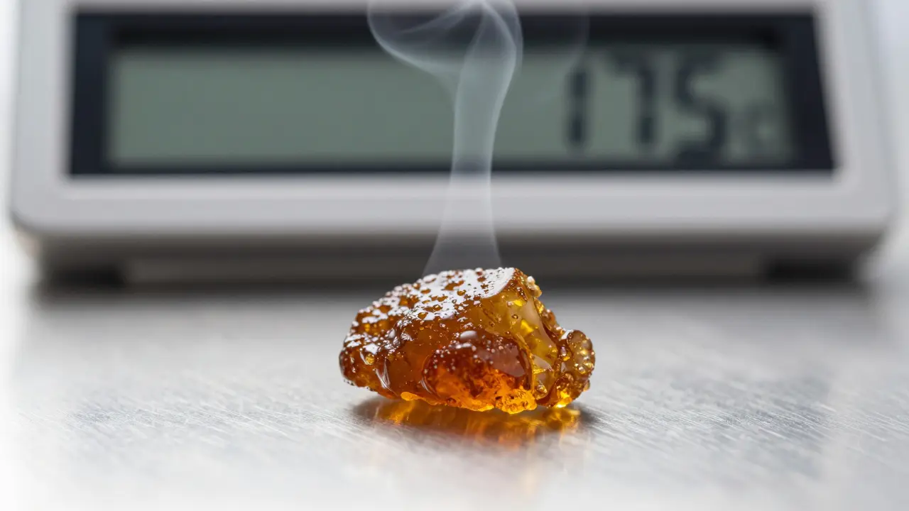Makro záběr čistého CBD shatteru s teploměrem ukazujícím nízkou teplotu