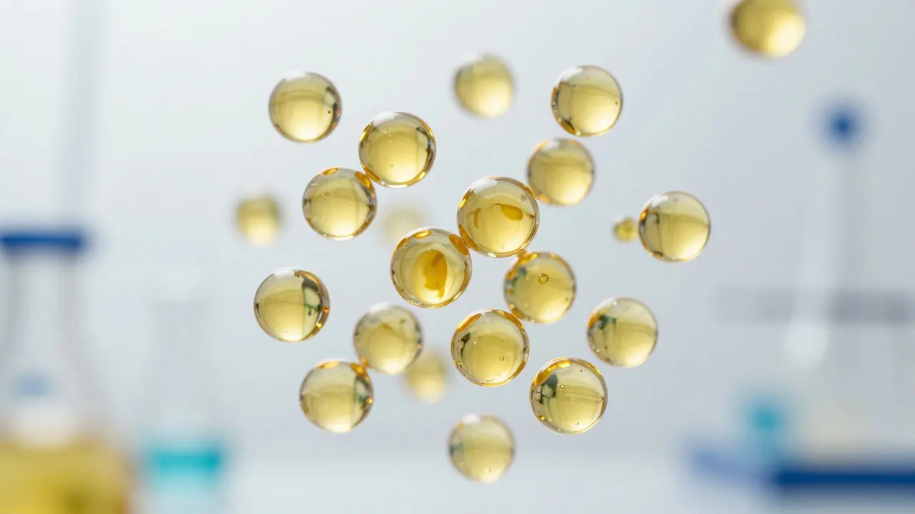 Makro zobrazení nanoemulze CBD částic ve vodě