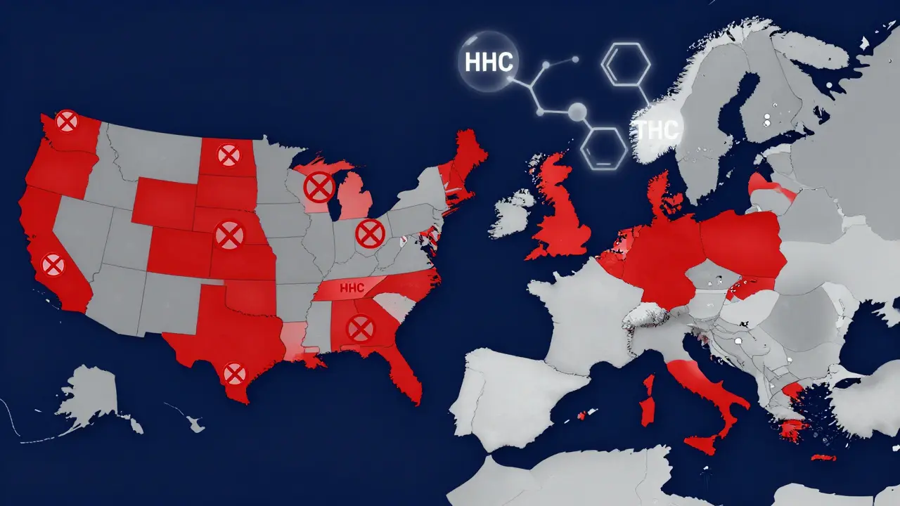 Mapa USA a Evropy ukazující ilegální zóny pro HHC