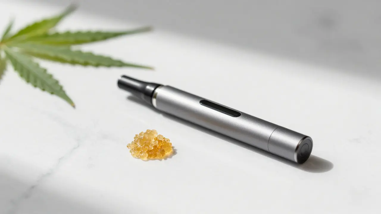 Prémiový CBD shatter vedle moderního vaporizéru na bílém mramoru