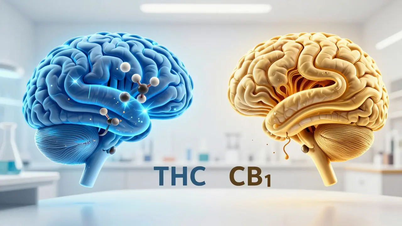 Ilustrace mozku ukazující rozdíl mezi účinkem kofeinu a THC