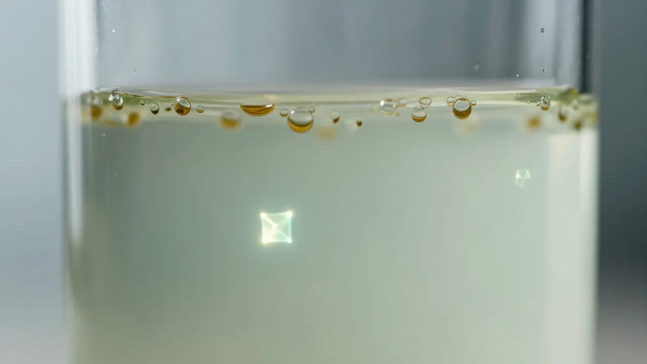 Makro záběr emulze olejů a vody s kanabinoidy v nápoji