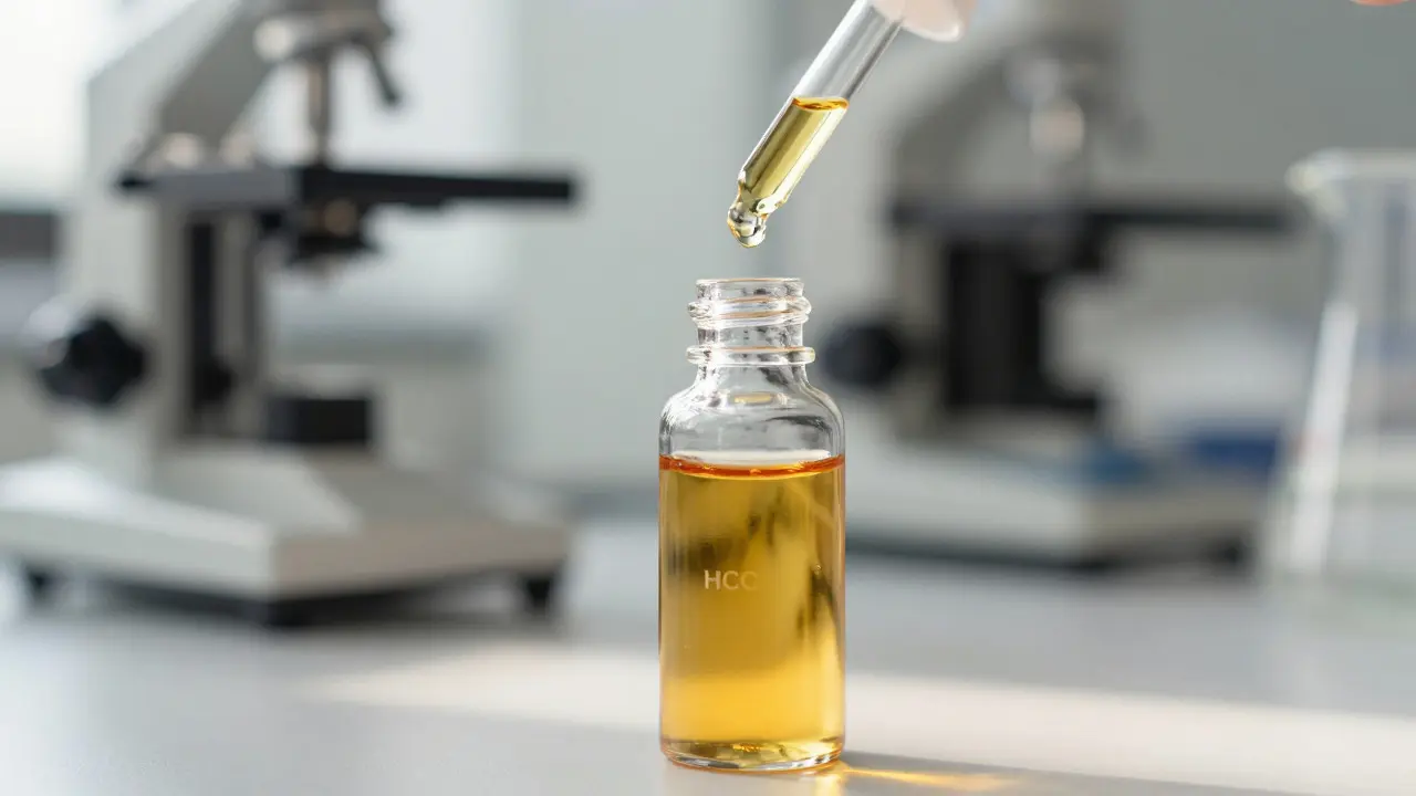 Makro záběr lahvičky s olejem HHC v laboratorním prostředí