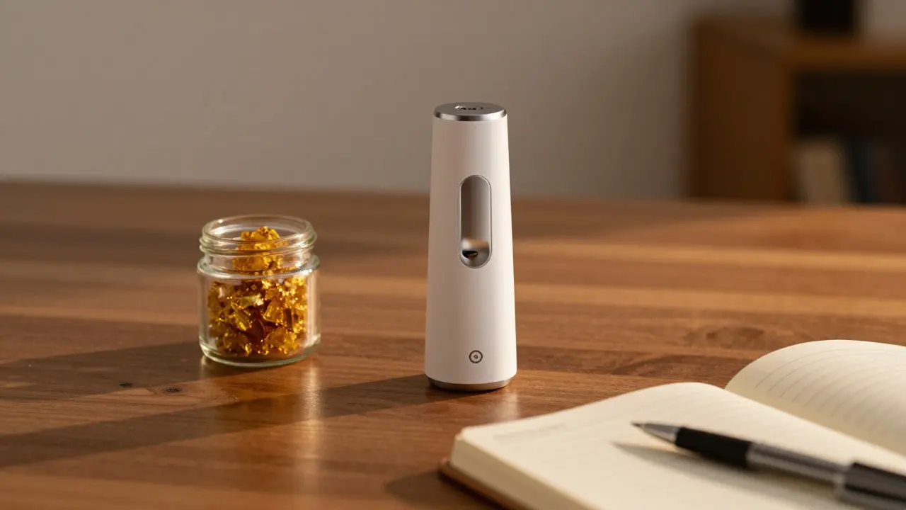Moderní vaporizér a skleněná dóza s CBD extraktem na dřevěném stole s blokem pro poznámky.