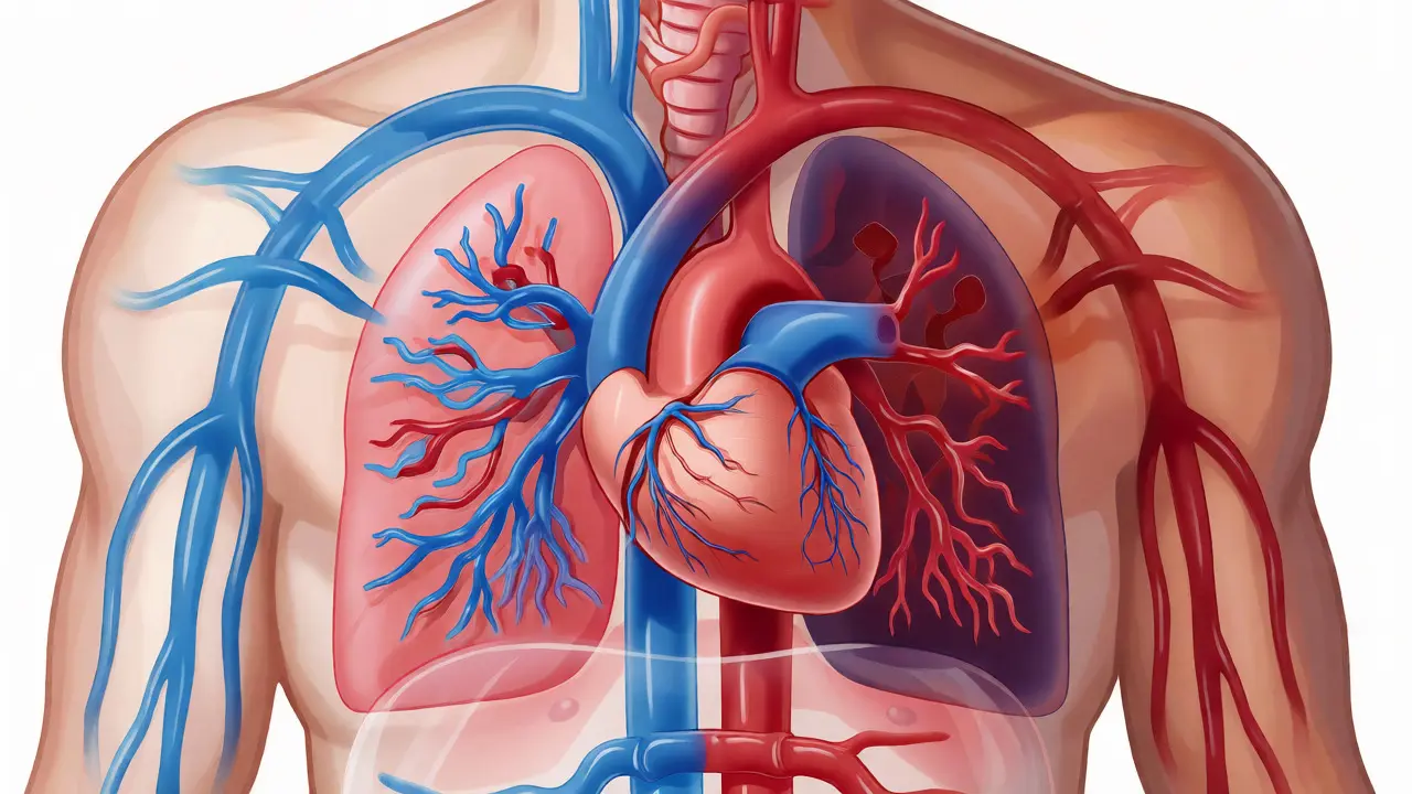 Anatomický řez srdcem a plícemi znázorňující rozdíl mezi kouřením a vapováním.