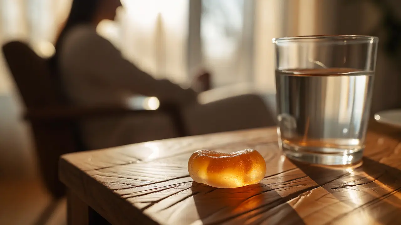 CBD guma na nočním stolku vedle sklenice vody v teplém ranním světle.